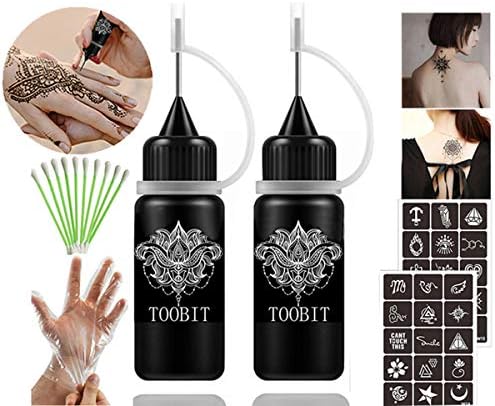 TOOBIT Temporary Tattoo Kit- Jagua Tattoo Gel 2 Bottles Black （1 oz）Semi Permanent Tattoo Natural and Lasting,Free 30 Tattoos Stencils 10 Cotton Swabs & 1 Pair of Disposable Gloves