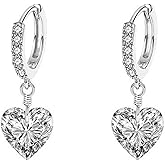 Huggie Crystal Heart Hoop Earrings for Women Girls 925 Sterling Silver CZ Charms Dangle Drop Small Hoops Cartilage Hypoallergenic Piercing Cuff Wrap Cute Birthday Valentine Mother's Jewelry Gifts for Her