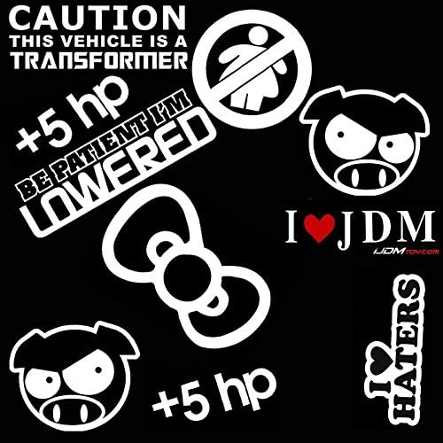iJDMTOY Sorted Cool JDM Graphic Decal Sticker Combo Set Including +5 HP, No Fat Chick, Angry Pig, I Love Hater, Cutie Bow Tie, Be Patient Im Lowered, etc