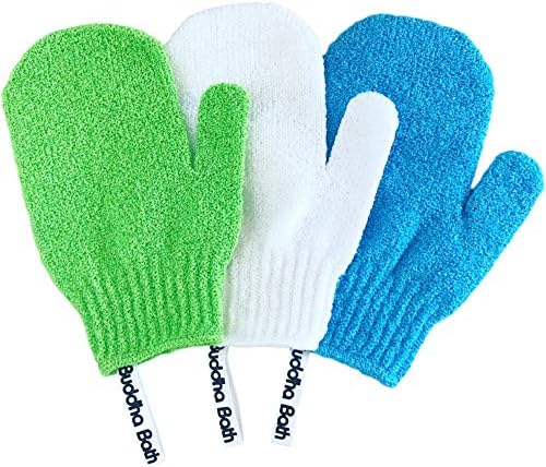 Buddha Bath Scrub Gloves - 3 pairs of exfoliating shower mitts - Washable - Hang Rope - Full body use