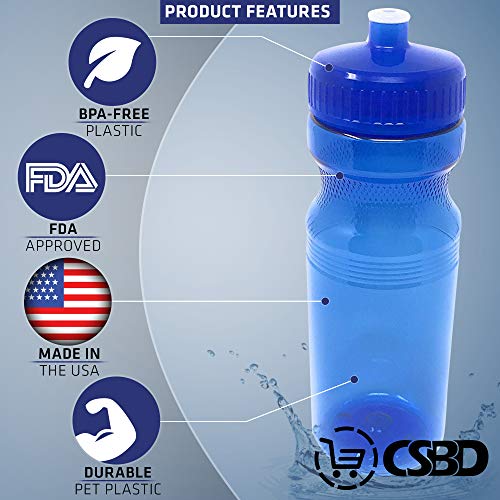 CSBD Clear 24 Oz Sports Water Bottles, 10 Pack, Blank for Customized Branding, No BPA Food Grade Plastic for Fitness, Hiking, Cycling, or Gym Workouts, Made in USA (24 Ounces, Blue)