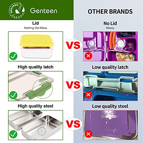 Bento Box, Genteen On the Go Lunch Box with High Capacity Stainless Steel Trays for Kids or Adults with Sauce Box, Fork and Spoon