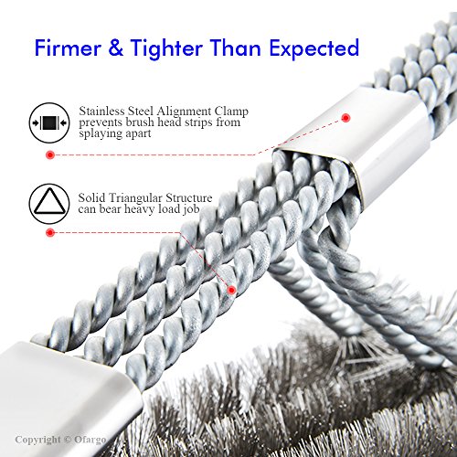 Ofargo Grill Brush and Scraper, Heavy Duty 3-in-1 Stainless Steel Woven Wire Bristles BBQ Cleaner Brush with Strength Clips for Cleaning Weber, Traeger, Char Broil, Kamado Grill Grates (18’’ Handle)