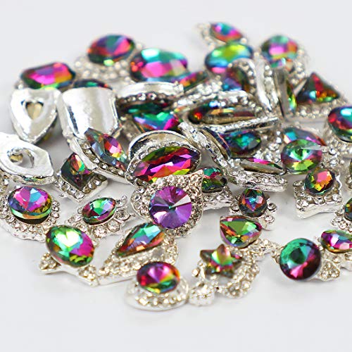 48pcs Big Mix Sizes Different Shapes Colorful AB Iridescent 3D Crystals Diamonds Large Rhinestones Bow Silver Metal Charms Gems Stones for Nail Art Beauty Design Decoration Craft Jewelry DIY