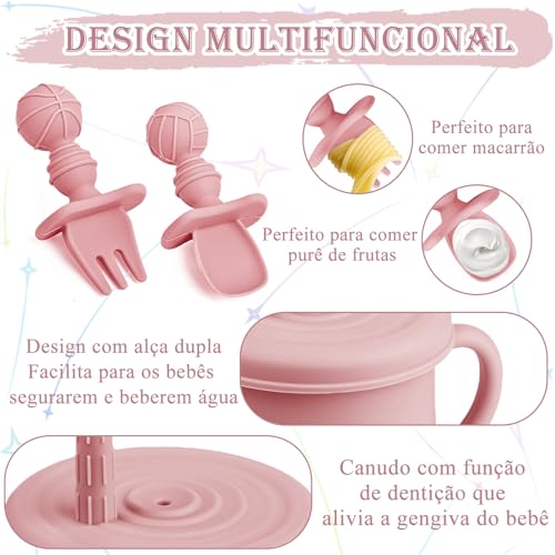 Kit Introdução Alimentar Bebe, Kit de 9 Alimentação Bebe Inox e Silicone, com Pratinho e Bowl de Alimentação com Ventosa, Babador, Copo, Tampa com Canudo, 2 Talheres Silicone e 2 Talheres Inox (Rosa)
