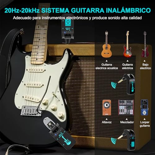 RYEWGRV Sistema Inalámbrico para Guitarra, 8 Canales Receptor Transmisor de Guitarra Portátil, 2.4 GHz Amplificador de Audífonos para Guitarra Eléctrica, Recargable, para Guitarra Eléctrica, Bajo