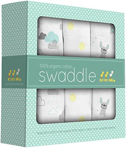Organic Muslin Swaddle Blanket, 3 Count, French Bulldog, Clouds, Polka Dot, 100% Organic Cotton