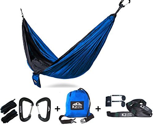 K2 Camp Gear - Original Double Camping Hammock - Premium Aluminum Carabiners, Hanging Ropes, and Heavy Duty Triple Stitched Tree Saver Straps Included - (Blue/Black)