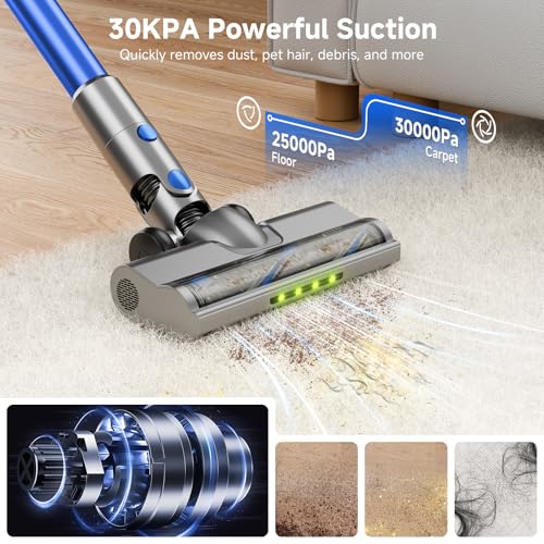 Honki Cordless Vacuum Cleaner for Home, Powerful Stick Vacuum with Rechargeable Battery, Green Light Anti-Tangle Brush, 6-in-1 Lightweight Handheld Vacuum for Pet Hair, Hard Floor, Carpet, Blue
