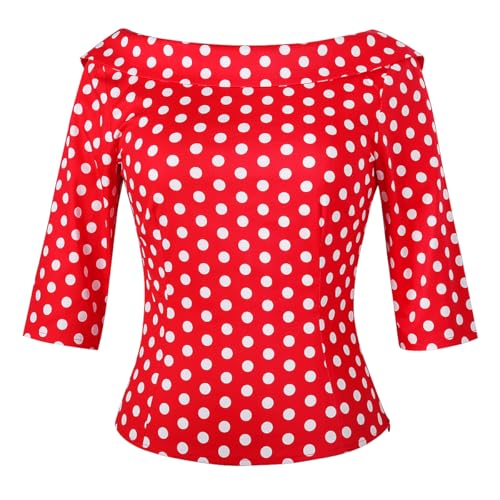 YARN & INK Women's 1950s Vintage Pinup Tops Back Bow Tie Cute Rockabilly Swing Elegant Shirt, Medium Sleeves Casual Blouse for Women (Red Dots, L) at Amazon