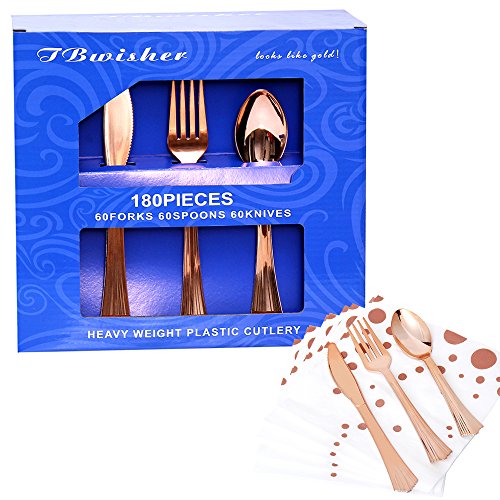 TBwisher Gold Plastic Disposable Flatware Silverware Set Disposable Tableware Cutlery - 60 Paper Napkin 60 Forks 60 Spoons and 60 Knives Combo 240 Party Supplies (Rose gold) - Thumbnail 6