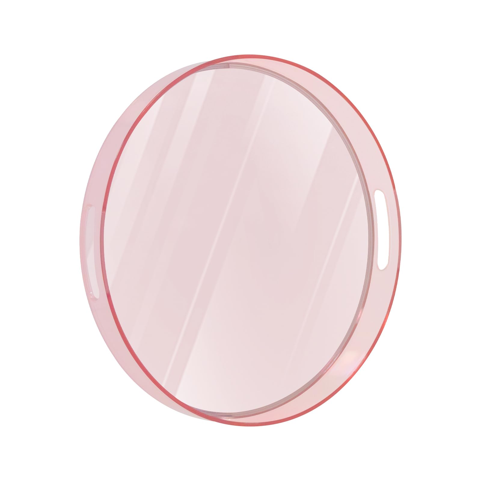 Photo 1 of MAONAME Clear Round Serving Tray with Handles, 13" Plastic Clear Tray, Round Pink Decorative Tray for Coffee Table, Ottoman, Bathroom, Vanity