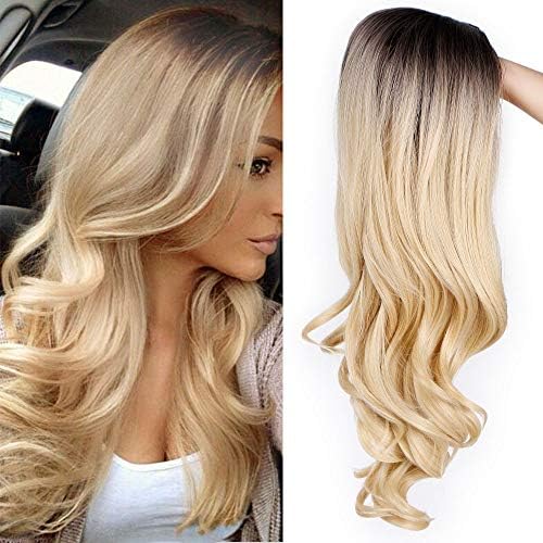 ForQueens Ombre Long Curly Wig 2 Tone Blond Synthetic Party Wigs for Women Middle Part Full Wigs with Heat Resistant Fiber Cosplay Wigs