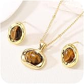 Brivica Chunky Gold Jewelry Set Trendy for Women Vintage Brown Geometric Statement Stud Earrings and Pendant Necklace Accessories
