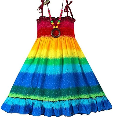 Kids Girls Summer Bohemia Boho Dress Floral Sleeveless Pleated Mini Dress with Necklace  (3T, F)
