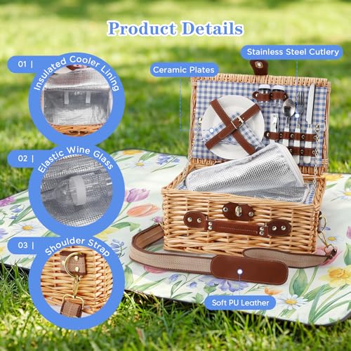 Wicker Picnic Basket Wicker Picnic Basket for 2 Person - Picnic Set with Insulated Compartment, Plates, Cutlery, Wine Glasses, Corkscrew - Perfect for Beach, Country, Park & BBQ Gift