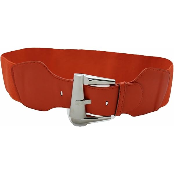 Women Orange Elastic Waistband Wide Belt – Big Silver Metal