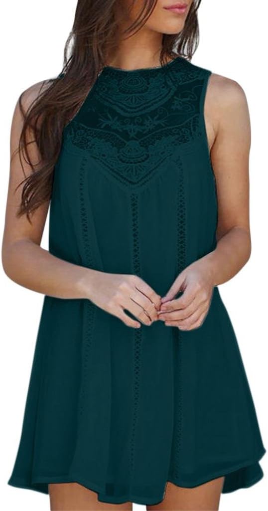 Women Casual Floral Chiffon Shirt Dress Tops Solid Lace Stitching O-Neck Sleeveless Chiffon Mini Dress