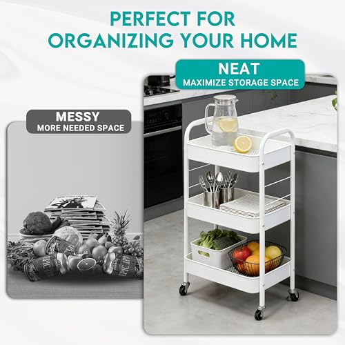 ZOESTORAGE 3 Tier Rolling Cart Metal Storage Cart with Wheels for Home, Bathroom, Kitchen, Laundry, Office and Rolling Cart Kitchen for Books, Vegetables and Snacks, White
