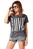 ANGVNS Women's Short Sleeve Letter Print Off Shoulder White Cotton Top T-shirt Blouse, Grey, XL