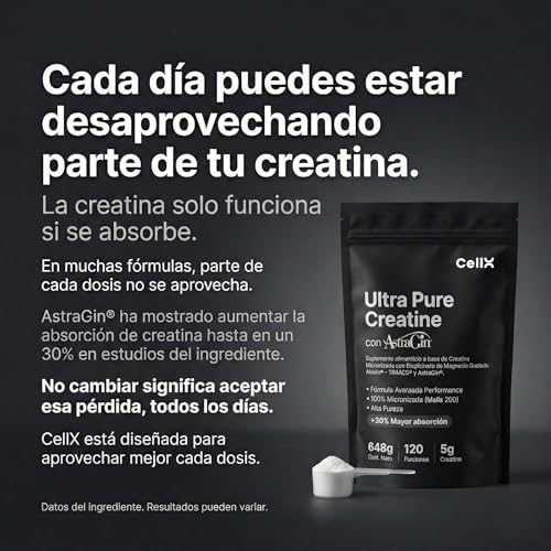 CellX | Creatina Ultra Pura | 120 Servicios | Magnesio, Bisglicinato, y AstraGin en Polvo, 648 g | Suplemento Alimenticio Vegano de Alta Absorción | Duración 4 Meses