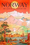 Norway Land of Midnight Sun Norwegian Scandinavia Travel Poster Advertisement Print. Measures 10 x 13.5 inches.