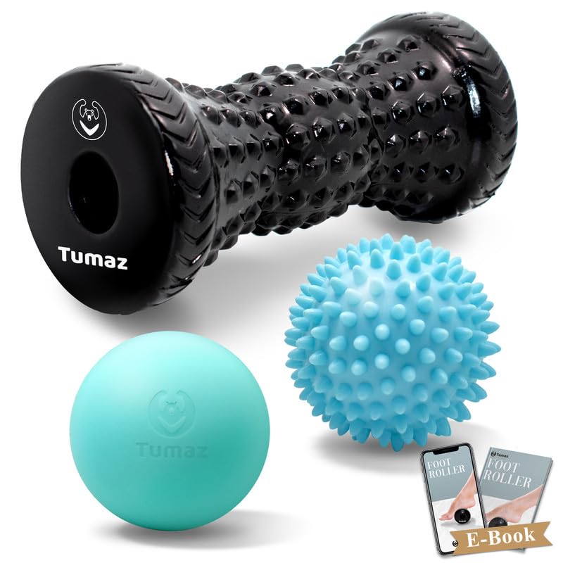 Tumaz Massage Ball & Foot Roller 3-in-1 Set for Relieving Plantar Fasciitis, Foot Arch Pain, Myofascial Pain Syndrome with Spiky Ball, Lacrosse Ball, Massage Roller