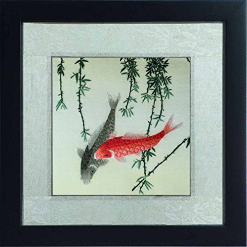 100% Handmade Framed Chinese Silk Embroidery Wall Hanging Two Fish Swimming Painting, Fine Silk Thread on Satin by Embroidery Artist, Cool Collectible Gift for Christmas Feng Shui Artwork SilkArt029