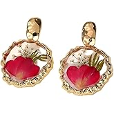 Real Pressed Flower Dangle Earrings for Women, Handmade Boho Chic Floral Jewelry, Gold Tone Earrings Unique Pretty Valentine’s & Mother’s Day Gift for Women Girls Best Friend