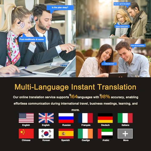 AI Headphones Translator, 3-in-1 Bluetooth 5.4 Real Time Voice Translator Headphones 164 Languages with App, 75 Hours Translator Earphones with Ear Hooks and ENC Mic, 6 Translation Modes for Business