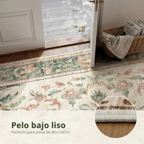 IKALIFE Carpet Salon Vintage 16x230cm Washable Green | Large Machine Washable Rug Short Pile Floral Non Slip Soft Living Room Bedroom Dining Room
