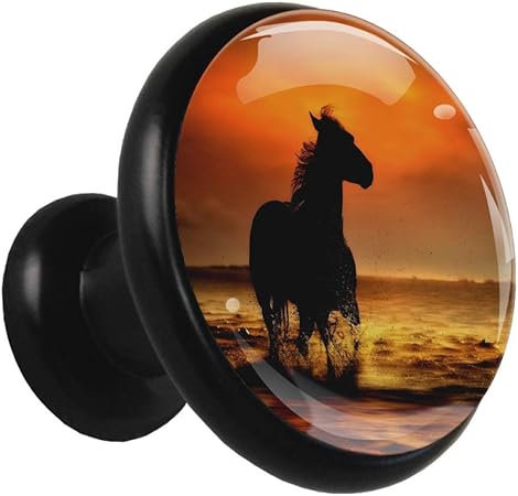 Yuzheng Caballo Atardecer Animal Perillas Negras de Cocina de 4 Piezas