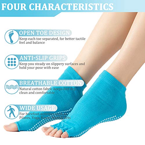Echolife 4 Pairs Yoga Socks with Grips Non-Slip Toeless Low Cut Pilates Ballet Barre Socks Non-Skid Sticky Grip Sock for Girls Womens (Solid Half Toe)