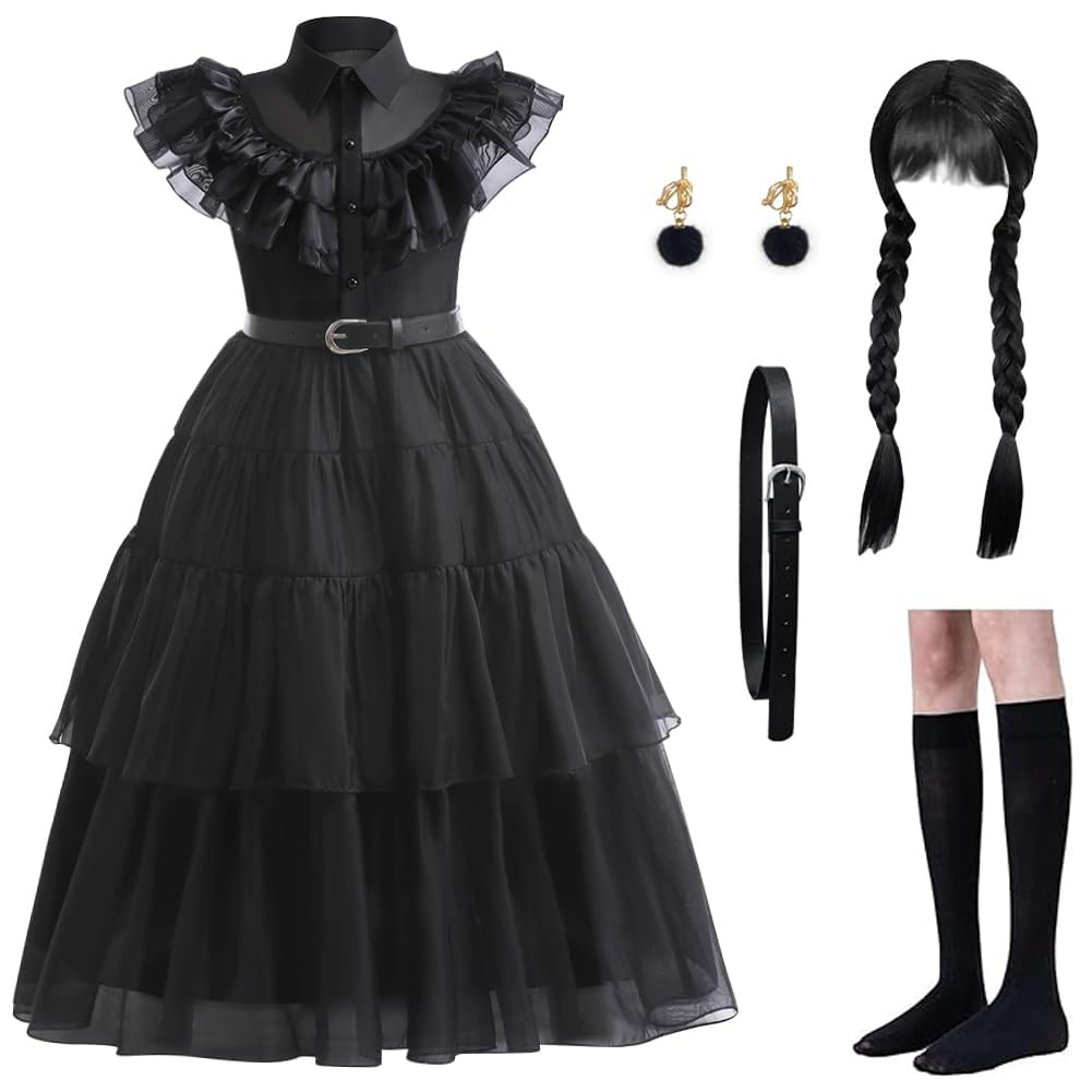 GMEDJVE Black Princess Costume Dress for Girls Kids Halloween Cosplay Costume Party Outfits with Accessories