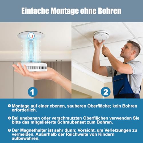 Smoke Detector, 10 Year Battery with Magnetic Holder, No Drilling, TÜV Rheinland Certified Fire Alarm without Flashing, Flat Smoke Detector, Fire Detector, Mute Function, EN14604, Set of 6