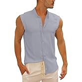 Bbalizko Mens Sleeveless Button Down Shirts Linen Cotton Summer Beach Basic Tank T-Shirt Tops