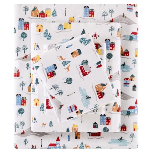 Sleep Philosophy True North 100% Cotton Flannel Sheets Cal King Size, Cozy Flannel Sheet Set Brushed for Extra Softness, Heavyweight Novelty Print Warm Flannel Bedding Set, White Village Print 4 Piece