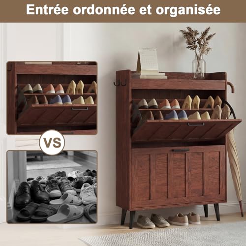 ELUREVIA Meuble à Chaussures à 2 Abattants, Armoire à Chaussures Étroit Style Campagne, Capacité 12 à 16 Paires, Rangement pour Entrée, Salon et Couloir, Noyer