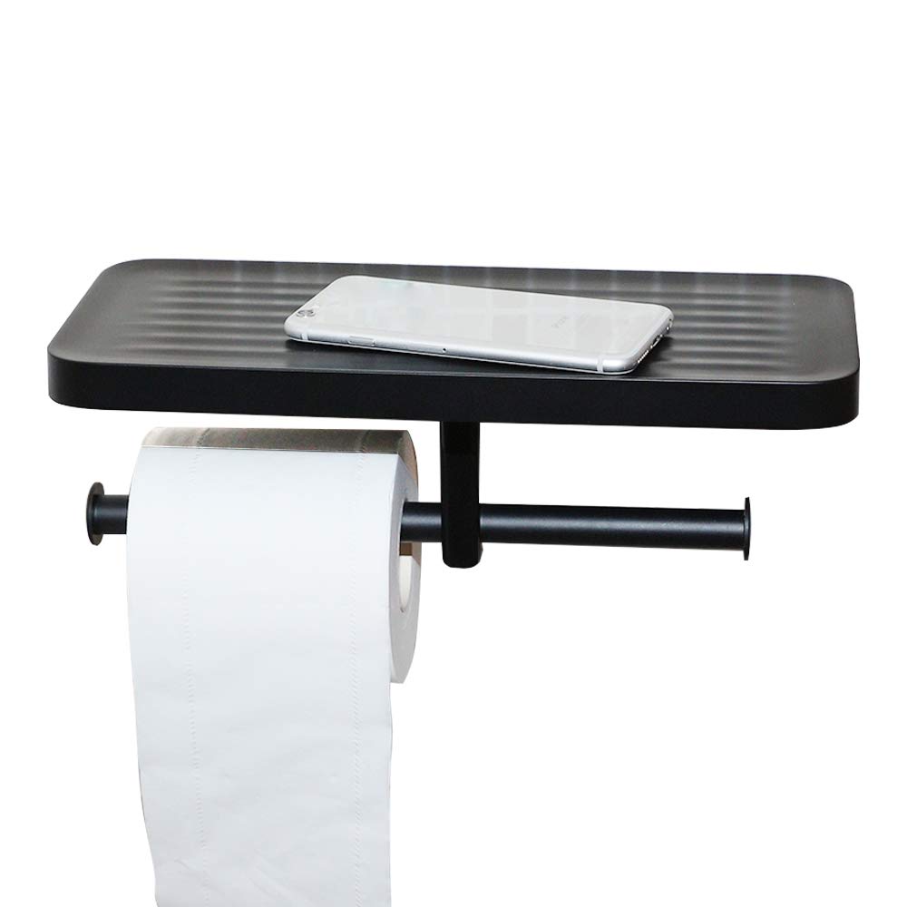 CRW Toilet Paper Tissue Holder Double Roller Hanger with Cell Phone Shelf Rack Dispenser for Bathroom Kitchen Black Wall Mounted C8091
