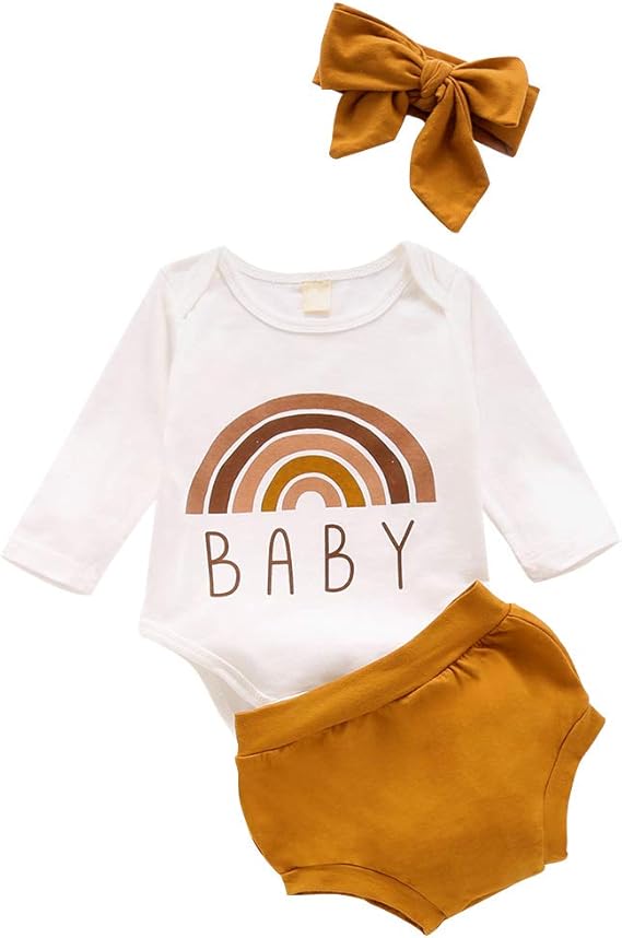 Amazon Co Jp ベビー服 女の子 新生児服 ロンパース ショーツ ヘッドバンド 3点セット赤ちゃん 長袖 レインボー柄 可愛い 歩行服 春夏 撮影 写真 満月 出産 誕生日 子供服 服 ファッション小物