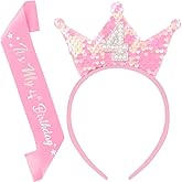 Exacoo 4th Birthday Girl Sash and Headband Set 4th Birthday decorations for Girls Sequins Pearl Princess Tiara Hairband,4 Year Old Happy Birthday Party Outfit Gifts