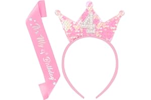 Exacoo 4th Birthday Girl Sash and Headband Set 4th Birthday decorations for Girls Sequins Pearl Princess Tiara Hairband,4 Year Old Happy Birthday Party Outfit Gifts