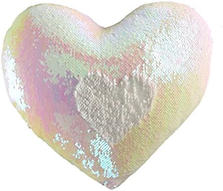 JING GREAT Mermaid Throw Pillow with Insert,Two-color Heart Shape Reversible Sequins Decorative Pillow. 13''×15'' (Pink White Fancy White Colors Reversible)