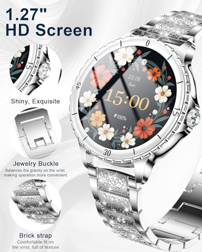 Reloj Inteligente Mujer con Llamadas, 1.27'' Smartwatch Mujer con Correa de Diamante, Compatible con Android/iOS, IP68 Impermeable Smart Watch Redondo con Monitor Sueño Pulsometro Sangre Presión Plata