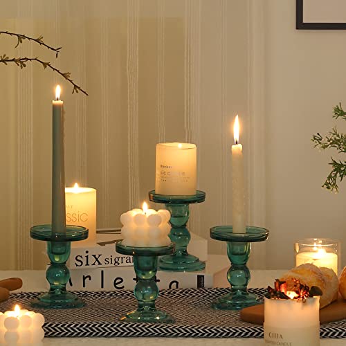 Set of 4 Glass Candle Holder Set Clear, Green Candlesticks Holders Pillar Taper Candles Tealight Stand for Wedding Centerpieces Home Decorations Dining Table