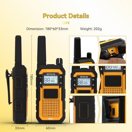 Retevis RB648 Radios, Robust Walkie Talkie, Waterproof, Dustproof, Drop-Proof, 2000 mAh Handheld Radio with 6-Way Charger, PMR446 Professional Walkie Talkie for Construction Site, for Industry (Pack of 6)