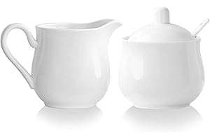 CHILDIKE 12 OZ Ceramic Sugar and Creamer Set, Coffee Serving Set, 3 Piece Cream Pitcher Sugar Bowl with Lid and Spoon (White)