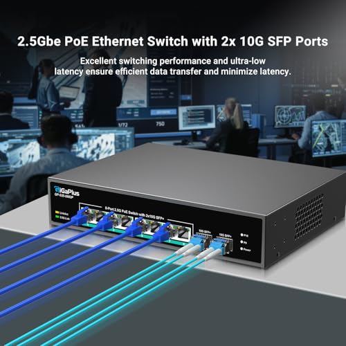 10 Port 2.5G Unmanaged PoE Switch with 8 PoE 2.5G Base-T Port, 2 x 10G SFP+ Uplinks, 802.3af/at (PoE+), 80Gbps Switching Capacity, GigaPlus PoE Switch for NAS/PC, WiFi6 Router