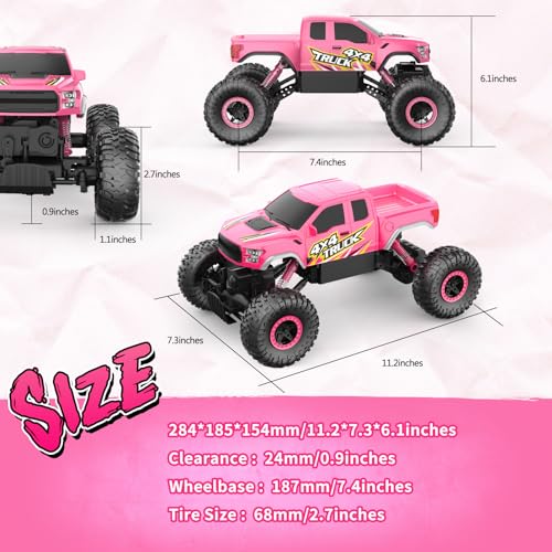 Double E Raptor F150 RC Car 4WD 2 Motors Monster Trucks for Girls, 11 Inches Off Road Crawler Vehicle Truck Toy with Rechargeable Battery Gift for Kids 6 7 8 9 10 11 12 Years-Pink
