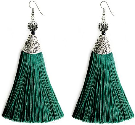 Women Girls Emerald Big Tassel Bohemian Handmade Dangle Earrings Chic Design Style Earrings